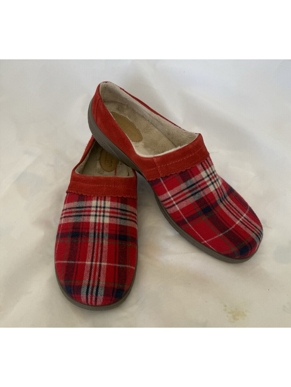 Hotter Devotion Plaid Robieson Slippers Size 10 Plaid Red Black White Suede Trim